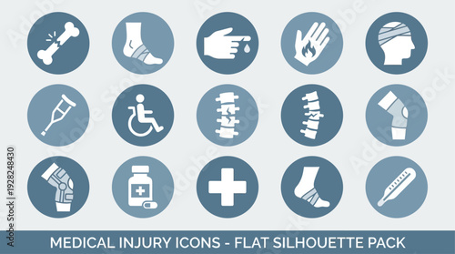 Comprehensive flat silhouette vector icons showcasing various medical injuries and treatment concepts for health applications
