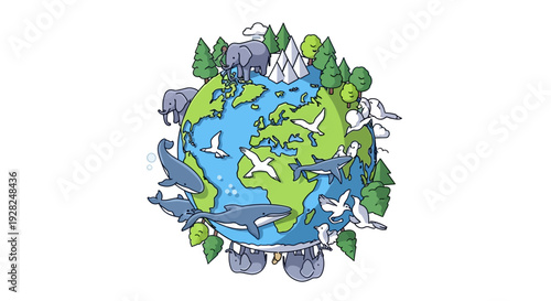 Isometric vector illustration of the Earth surrounded by various animals and leaves, symbolizing global conservation and ecology