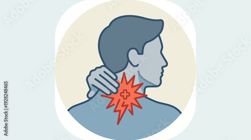 Vector illustration depicting a person suffering from acute neck pain, discomfort, or muscle strain. Concept of healthcare, physical therapy, and medical conditions affecting the cervical spine