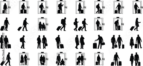 Travelers with luggage silhouettes set, people entering elevator and walking with suitcases, airport passenger collection isolated on white background vector illustration