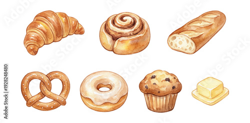 Watercolor bakery treats assortment .