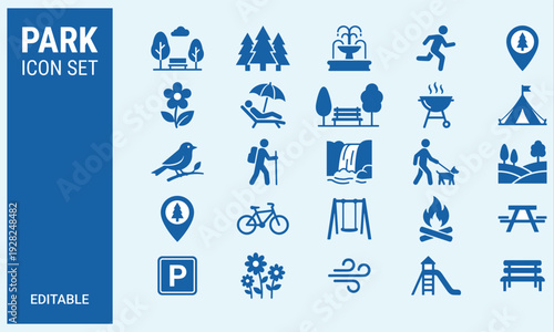 WebPark Icon Set Featuring Nature Outdoors Activities Camping Hiking Gardening Picnic Playground Benches Trees Flowers Fountain Barbecue and Recreational Vector Illustrations