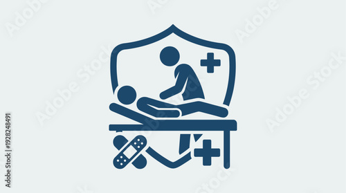 Illustration of healthcare worker attending to patient on medical bed with shield symbol of health protection