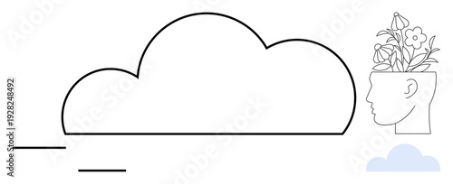 Cloud alongside human head sprouting flowers symbolizes creativity, brainstorming, mental growth, and innovation. Ideal for wellness, mindfulness, education, personal development, change simplicity