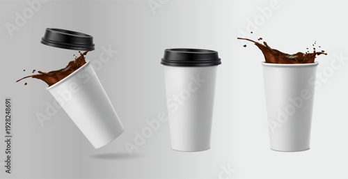 Three white disposable coffee cups with black lids on a clean background with one cup having coffee splashing out