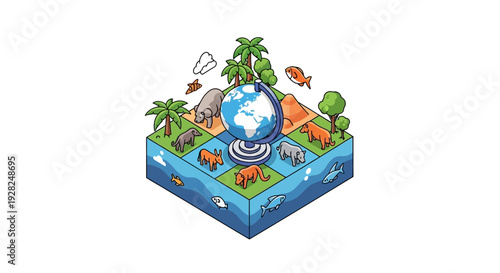 Isometric vector illustration of a vibrant World Wildlife Day concept with a globe, diverse animals, and lush greenery on a colorful earth map, promoting global conservation and ecology