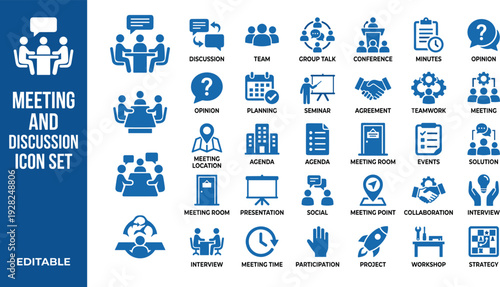 WebProfessional Business Meeting and Discussion Icon Set for Corporate Collaboration, Teamwork, Communication, Workshop Seminars, Strategic Planning, and Remote Video Conferencing.