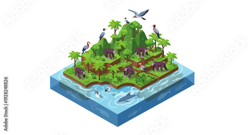 Isometric vector illustration of a vibrant ecosystem with lush greenery, diverse wildlife, and a globe, promoting World Wildlife Day and global conservation efforts