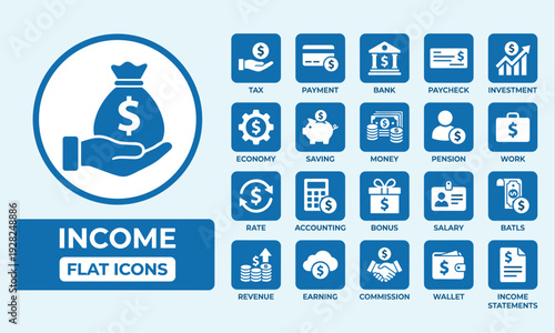 WebIncome Flat Icons Set, Financial Growth, Money Management, Banking, Revenue, Savings, Salary, Investment, Tax, Payment, Pension, Wallet, Accounting, and Business Vector.