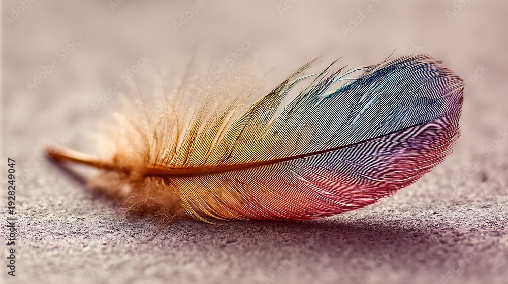 Fototapeta premium Vibrant Exotic Bird Feather with Rainbow Gradient Plume
