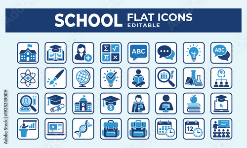 WebSchool Flat Icons Set, Education Symbols, Learning, Teacher, University, Science, Math, Graduation, Student, Classroom, Books, Backpack, Diploma, and Academic Vector Illustrations,