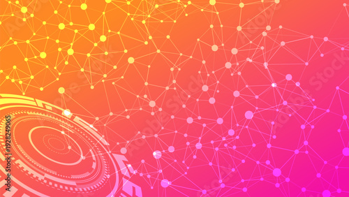 Abstract futuristic background with a network of connected dots and lines. A hightech circular interface element enhances the theme of data and technology.