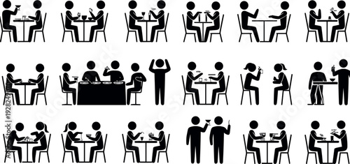 Set of various restaurant dining silhouette icons vector illustration featuring people sitting at tables eating and drinking for food industry graphic design.