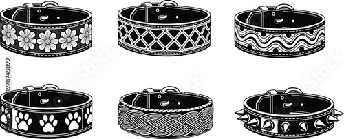 WebSet of decorative dog collar vector silhouettes with floral, paw print, braided, spiked, and geometric patterns for pet accessory design