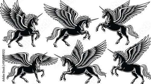 WebSet of majestic black and white winged unicorn silhouettes with large feathers, mythical pegasus creatures in dynamic flying and galloping poses