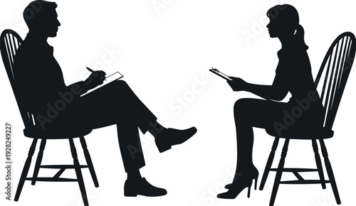 Silhouettes of a man and woman sitting in chairs having a professional job interview or business consultation with clipboards isolated on white background.