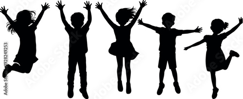 Silhouettes of five happy diverse children jumping in the air with arms raised in joy, celebrating childhood freedom and friendship on white background.