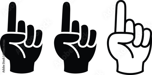 Hand icons with index finger pointing up in solid black and outline styles for design
