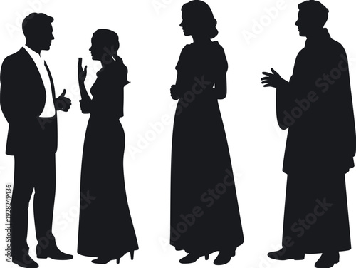 Silhouettes of professional men and women in formal evening attire standing and talking in a group, perfect for gala event or ballroom celebration concepts.