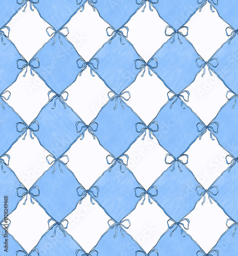 Blue watercolour hand-drawn rhombus seamless pattern with ribbons. Baby seamless pattern. 