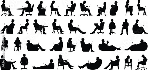 Large collection of black silhouettes featuring men and women sitting in various chairs and positions working on laptop computers isolated on white background for business