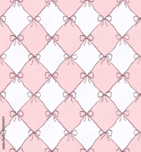 Pink watercolour hand-drawn rhombus seamless pattern with ribbons. Baby seamless pattern. 
