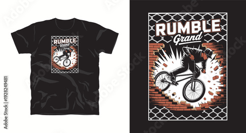 Bicycle rider breaking through brick wall with rumble grand typography