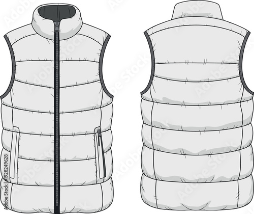 Art &Technical fashion flat sketch of a men's puffer vest featuring a stand collar sleeveless quilted design and zipper pockets for apparel templates Illustration