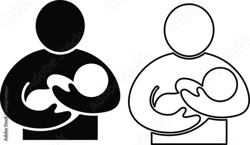 Two icons representing a person holding a baby in their arms shown in solid black and outline styles