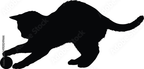 Black Silhouette of Playful Cat with Ball Isolated on White Background Vector Illustration