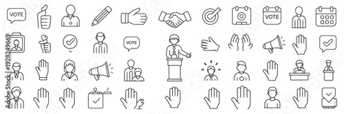 Vector Monochrome Voting Icon Set, Line Style Election and Ballot Symbols, Hand Vote, Checkboxes, Ballot Boxes, Democracy Process, Civic Participation Vector Collection