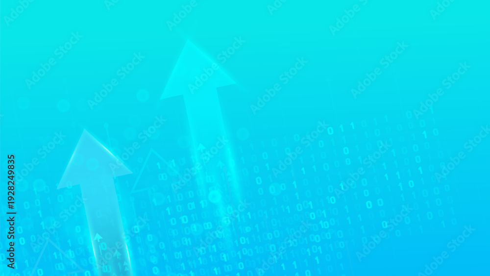 Fototapeta premium Abstract technology background with glowing arrows pointing up, symbolizing growth and success. Digital binary code illustrates data transfer and progress.