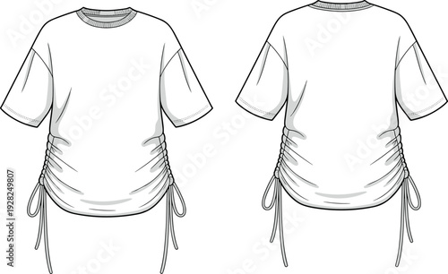 Art & IllustratiTechnical fashion flat sketch of a women’s short sleeve oversized t-shirt featuring side drawstring ruching details for apparel design and clothing templateson