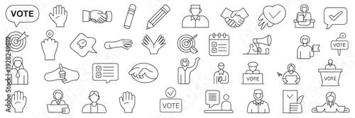 Vector Monochrome Voting Icon Set, Line Style Election and Ballot Symbols, Hand Vote, Checkboxes, Ballot Boxes, Democracy Process, Civic Participation Vector Collection