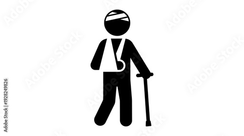 An injured person with a bandaged head, arm sling, and cane, representing medical injury and patient care