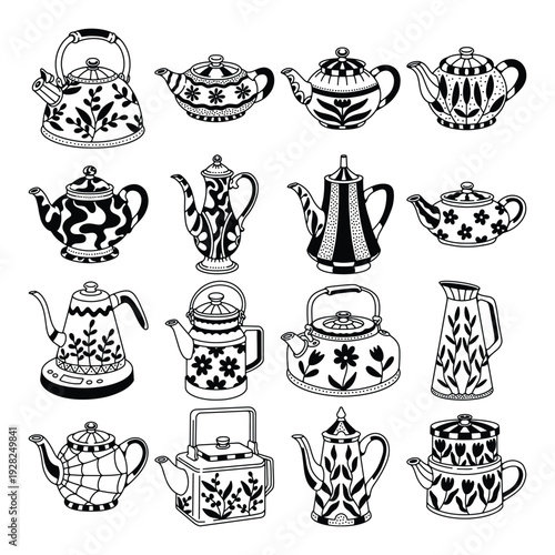 Floral Teapot Collection, Decorative Vintage Teaware Vector Set