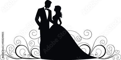 Elegant Bride and Groom Silhouette Embracing Within Decorative Ornamental Frame Black and White Vector Illustration