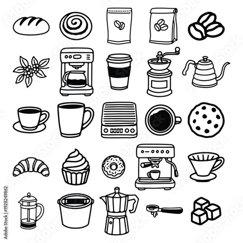Coffee Shop Hand Drawn Icon Set, Cafe Drink and Bakery Line Art Collection