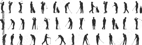 Large collection of black silhouettes featuring male and female golfers swinging clubs putting and carrying bags in various active sports poses isolated on white background