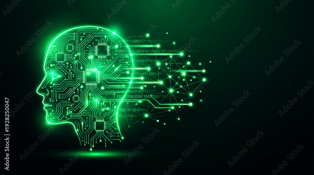 Obraz premium Futuristic Artificial Intelligence Digital Brain Circuit Technology Green Neon Concept