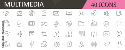 Multimedia related icons set. Including video, audio, photo, play, media, camera, music, and file. Editable stroke.