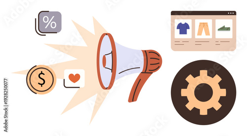 E-commerce, online shopping, marketing strategies, digital ads, promotions, customer engagement. A megaphone with icons thumbs up a shopping site, percent symbol and settings gear. E-commerce