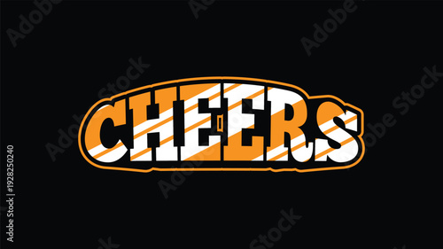 Cheers word text typography with striped pattern isolated on black background for celebratory graphics