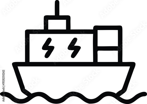 Line illustration of a cargo ship transporting energy on ocean waves for global power distribution