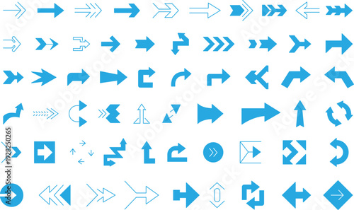 Extensive collection of blue directional arrows and symbols on a white background for navigation and guidance