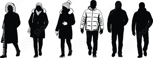 Black silhouette collection of men and women wearing winter coats and hats isolated on white background for seasonal fashion and outdoor concepts