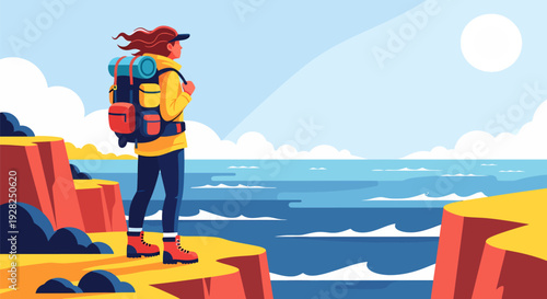 A lone traveler stands on a rugged cliffside overlooking the vast ocean and waves on a sunny day.