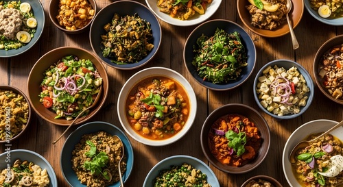 Vibrant assortment of global cuisine dishes in bowls on a table