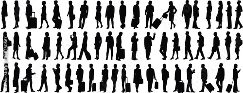 Large collection of black silhouettes featuring professional business men and women traveling with suitcases and luggage standing in line isolated on white background for tourism