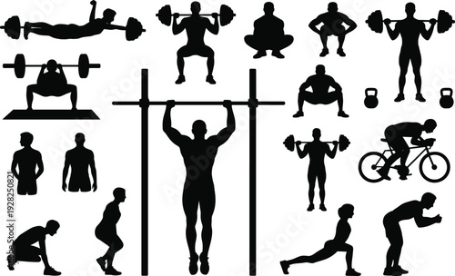 Large collection of black silhouettes featuring men and women weightlifting performing pull ups cycling and doing gym exercises isolated on white background for fitness